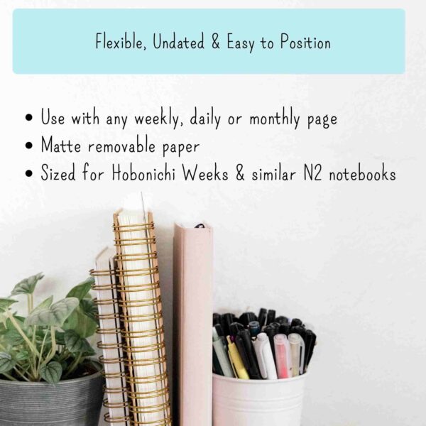 Infographic describing flexibility of this full page hobonichi weeks N2 sized sticker and its removeable paper