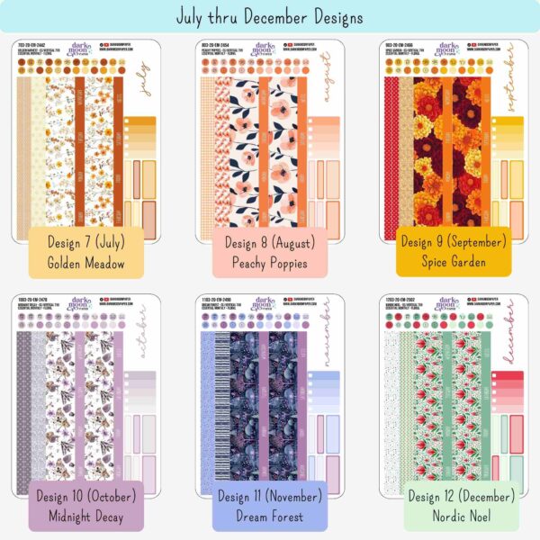 Designs 7-12 of 7x9 monthly planner sticker kit