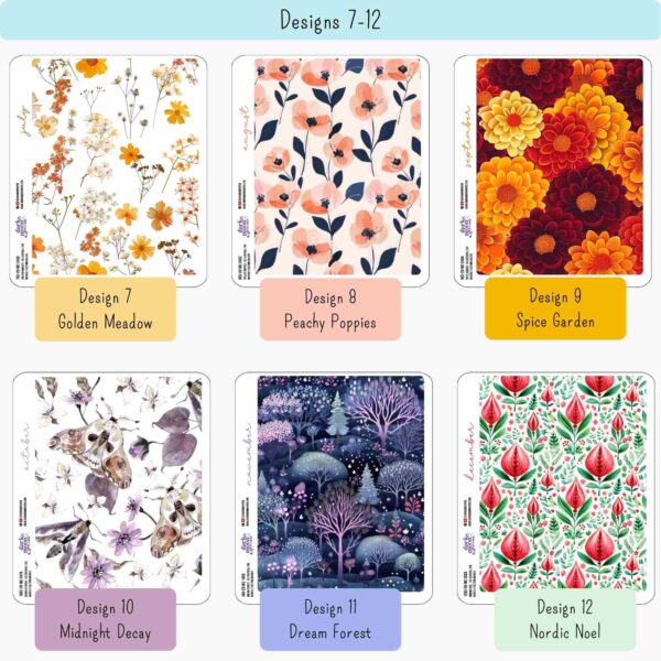 Closeup of monthly designs 7-12 of 7x9 planner floral section dividers