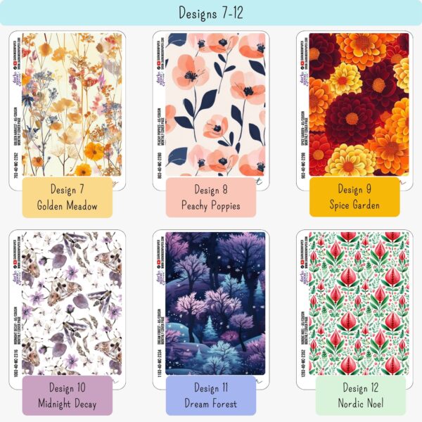 Preview of August to December floral A5 monthly cover sheet sticker designs for Hobonichi Cousin planners, showing seasonal themes and coordinating colors.