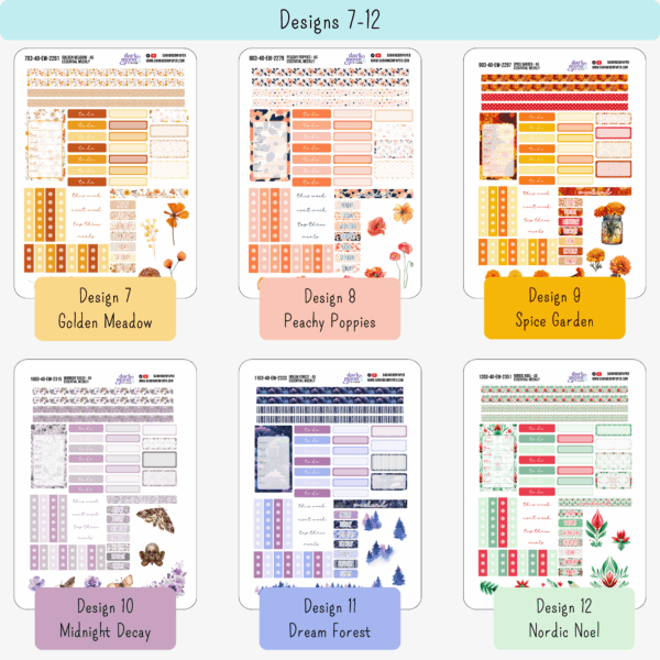 Preview of July to December floral A5 weekly sticker designs for Hobonichi Cousin planners, showing seasonal themes and coordinating colors.