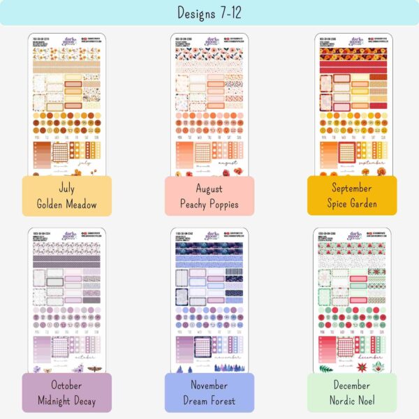 View of Designs 7 through 12 of monthly planner sticker kit sheets from the Floral Collection, sized for Hobonichi Weeks N2 size planners.
