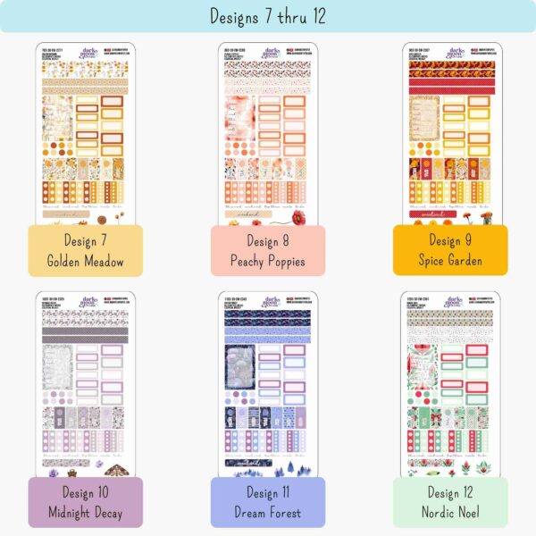 Closer view of Designs 7-12 of weekly kits from the Floral Collection, sized for Hobonichi Weeks N2 planners