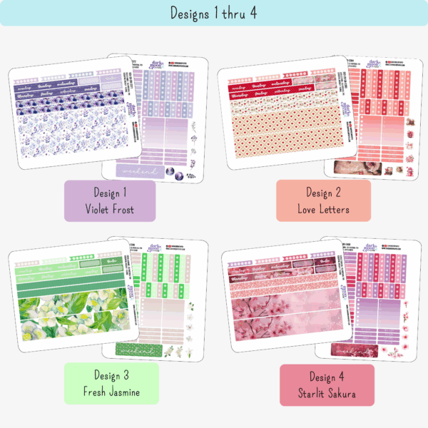 Closeup view of floral Weekly sticker sheets for 7x9 inch vertical planners - designs 1-4