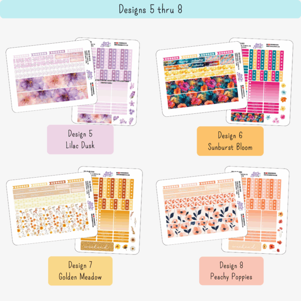 Closeup view of floral Weekly sticker sheets for 7x9 inch vertical planners - designs 5-8