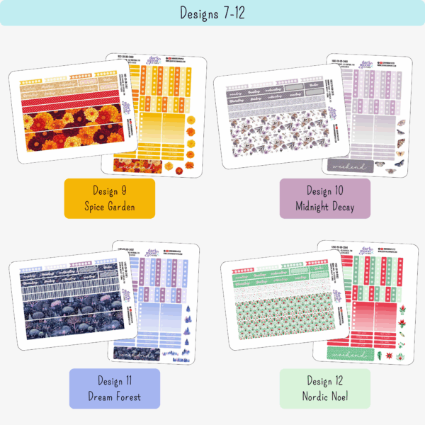 Closeup view of floral Weekly sticker sheets for 7x9 inch vertical planners - designs 7-12