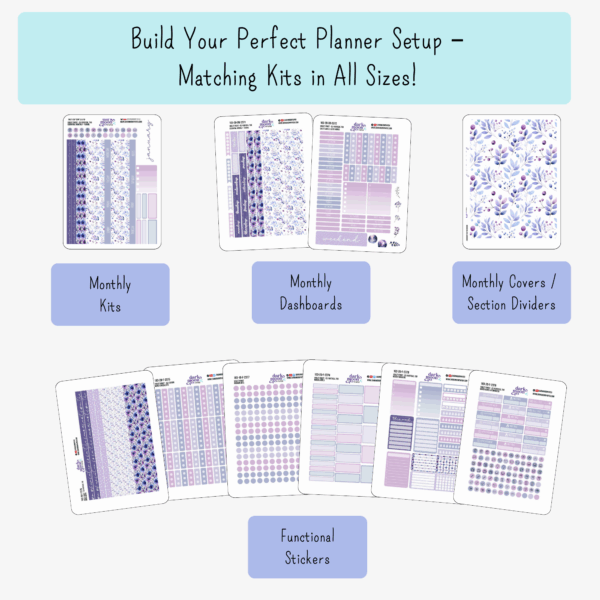 Infographic showing matching planner sticker kits for 7x9 inch planners