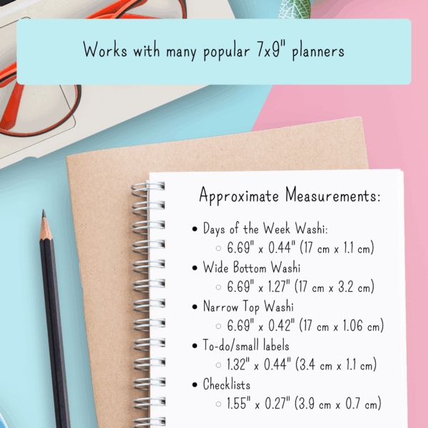 Infographic showing approximate measurements of each sticker in the weekly planner sticker kit for 7x9 inch planners
