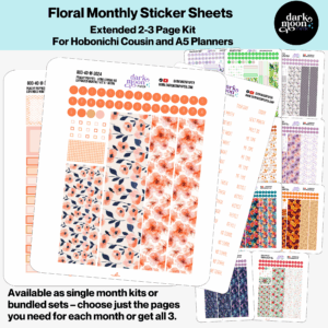 Hobonichi Cousin Monthly Sticker Sheet Kits in 1, 2, or 3 page extended monthly layout spreads, with coordinating floral monthly designs for a matching planner all year long