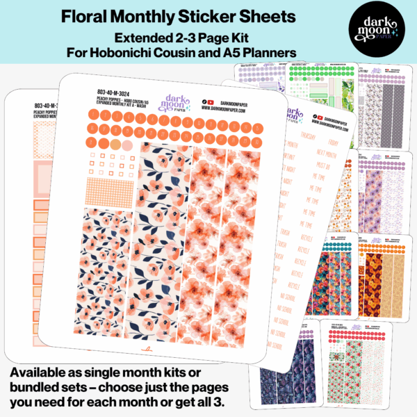 Hobonichi Cousin Monthly Sticker Sheet Kits in 1, 2, or 3 page extended monthly layout spreads, with coordinating floral monthly designs for a matching planner all year long