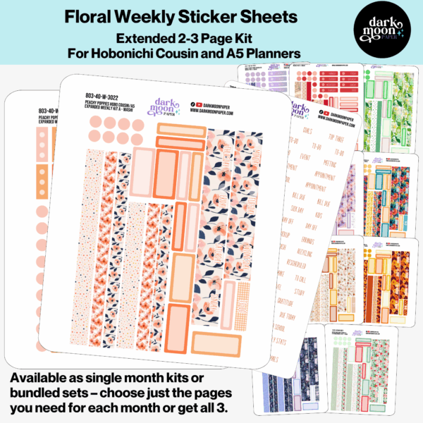 Image of 12 floral design options of hobonichi cousin weekly sticker kits