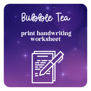 Bubble Tea print handwriting worksheet for free download from Dark Moon Paper's free resource library
