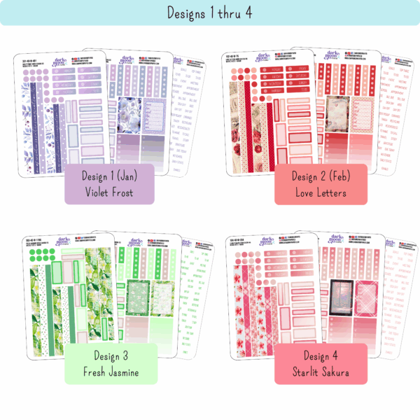 detailed view of each of the three pages of the hobonichi cousin weekly sticker kits for designs 1-4 which coordinate with january, february, march and april floral designs