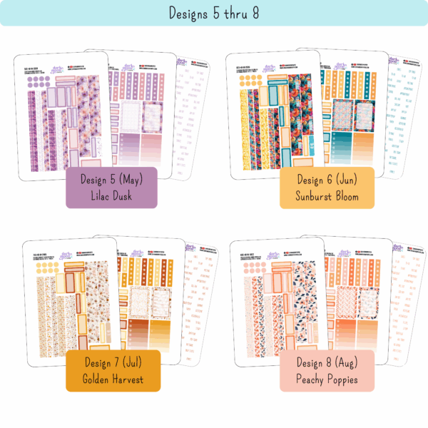 detailed view of each of the three pages of the hobonichi cousin weekly sticker kits for designs 5-8 which coordinate with may, june, july and august floral designs