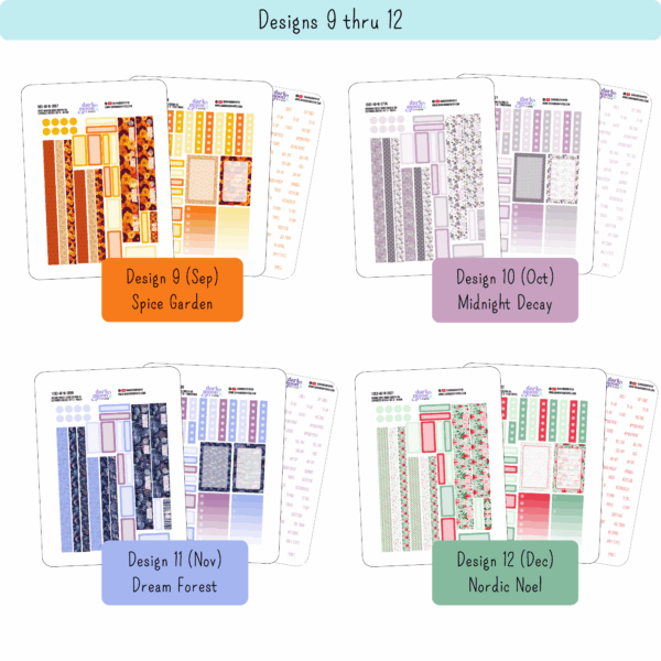 detailed view of each of the three pages of the hobonichi cousin weekly sticker kits for designs 9-12 which coordinate with september, october, november and december floral designs