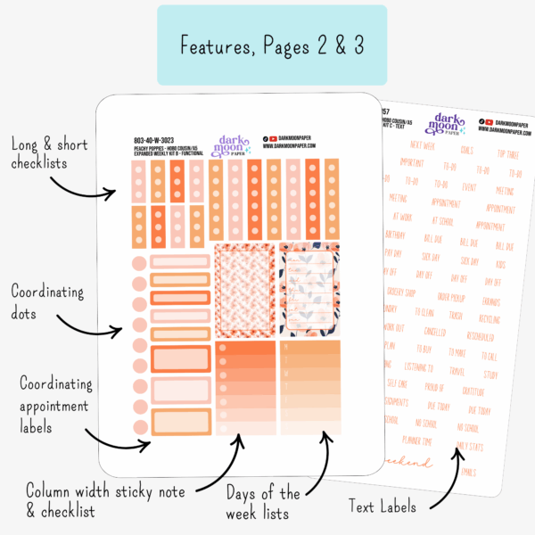 infographic showing features for pages 2 and 3 of hobonichi cousin weekly sticker kits including checklists, labels dots, and text