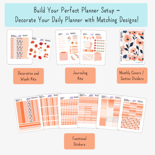Infographic of coordinating pages to the hobonichi cousin monthly planner sticker kit, including section divders, weekly kits, decorative stickers and functional stickers