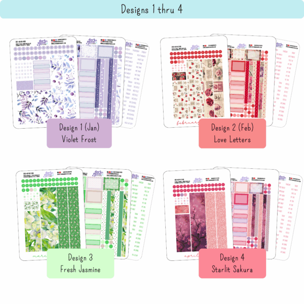 Infographic showing coordinating floral monthly planner sticker kits for hobonichi cousin for january, february, march and april