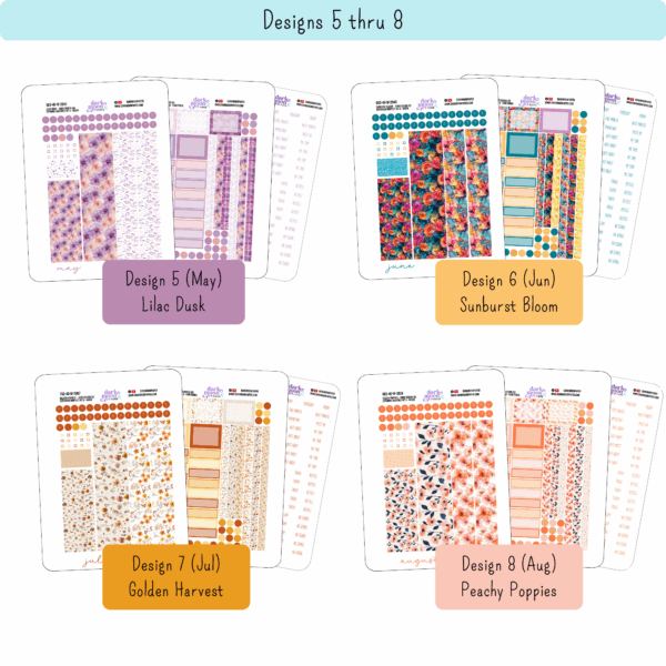 Infographic showing coordinating floral monthly planner sticker kits for hobonichi cousin for may, june, july and august