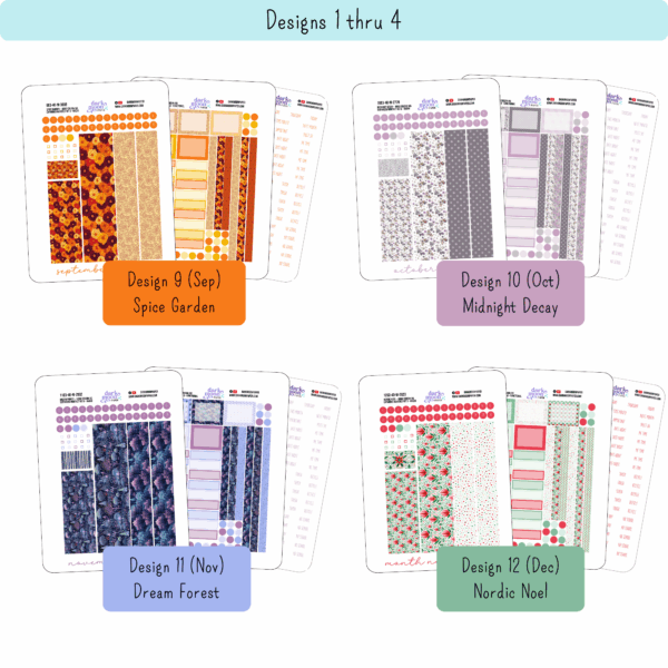 Infographic showing coordinating floral monthly planner sticker kits for hobonichi cousin for september, october, november and december