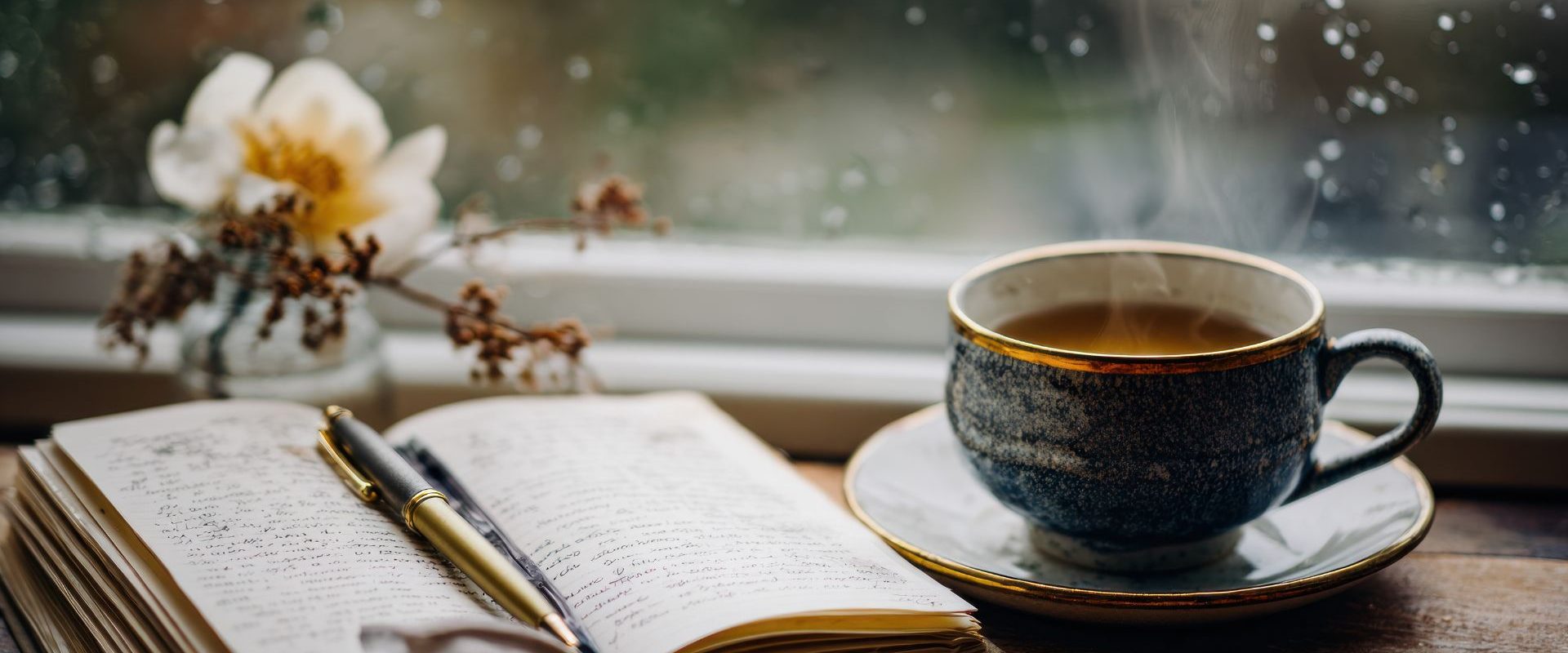 A cozy desk with an open journal, fountain pen and cup of coffee and a view outside to gentle rain